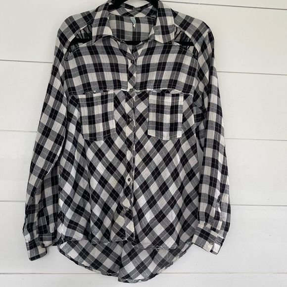 Free People Plaid Gauze Shoulder Detail Shacket Button down - Picture 1 of 6